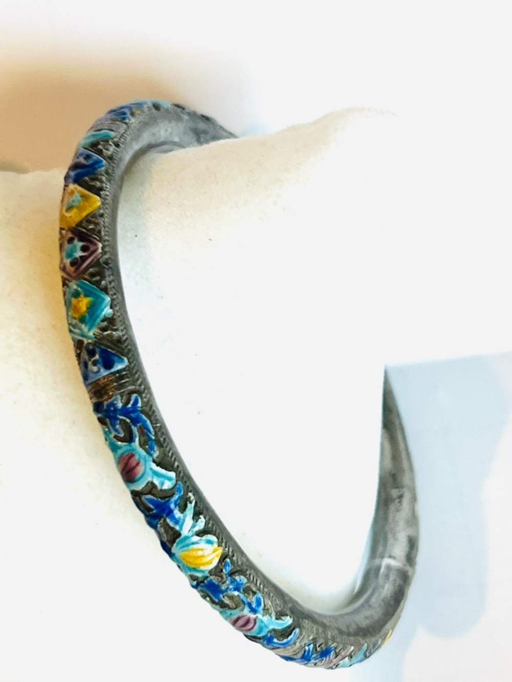 Antique Chinese Silver Cloisonne Bangle Bracelet Floral Flowers Vintage